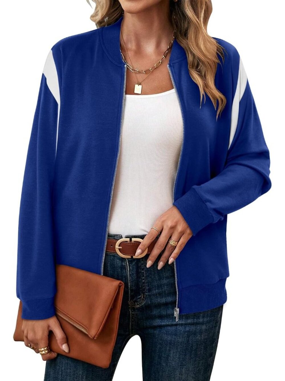 🆕 Women's Royal Blue White Color Block Bomber Jacket Zip Up Casual Coat